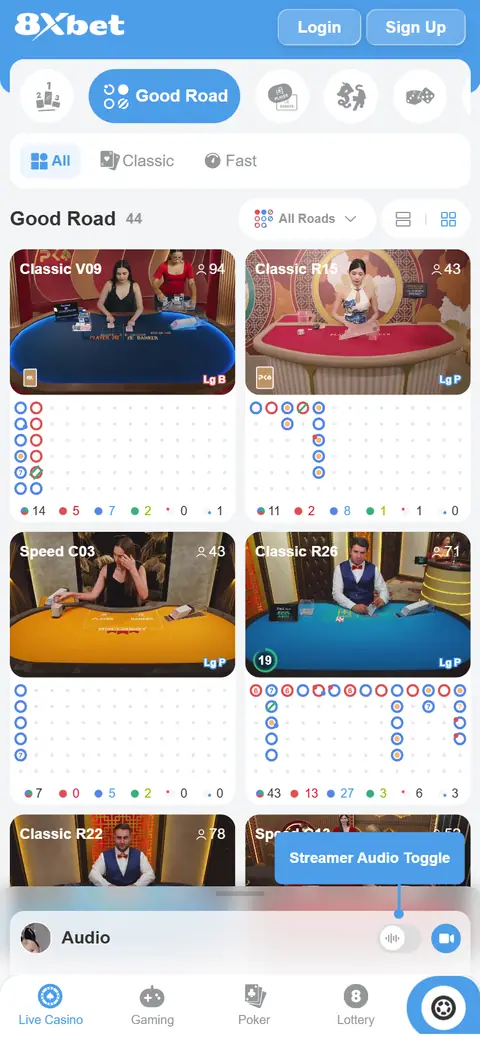 Các bàn baccarat trực tiếp trên 8Xbet hiển thị trên điện thoại