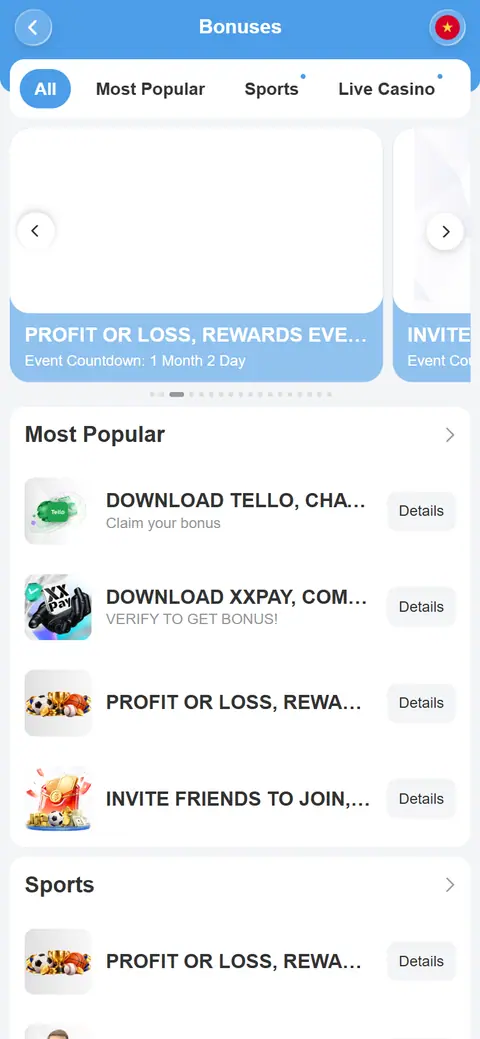 Danh sách ưu đãi 8Xbet trên điện thoại theo nhóm Most Popular và Sports