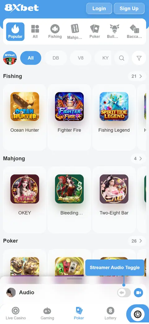 Sảnh bắn cá và game bài 8Xbet trên điện thoại